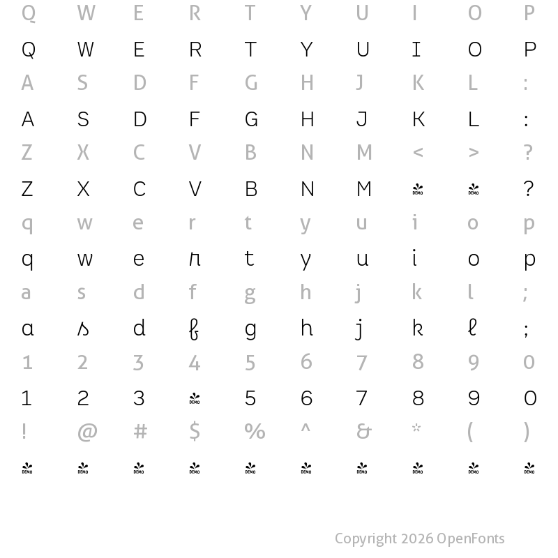 Character Map of FONTSPRING DEMO - Spock Ess Alt 2 Light Regular