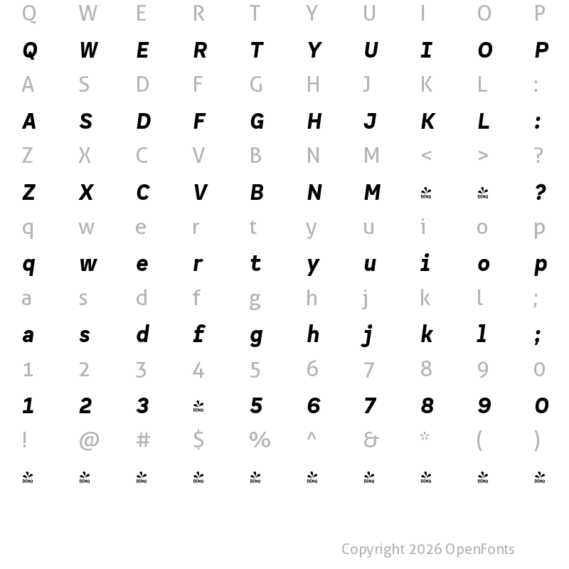 Character Map of FONTSPRING DEMO - Spock Pro Black It Regular