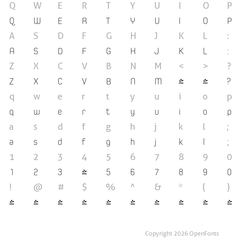 Character Map of FONTSPRING DEMO - Spoon Extra Light Regular