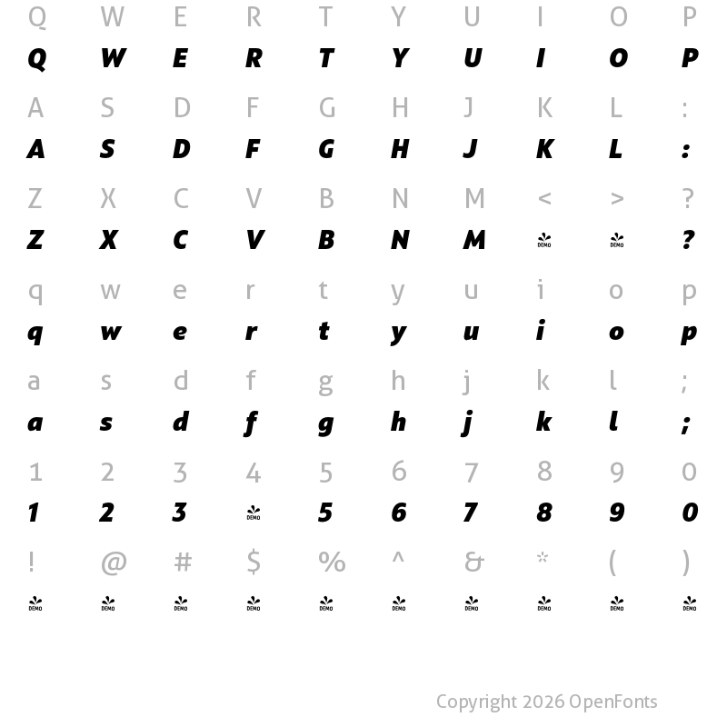 Character Map of FONTSPRING DEMO - Squad Heavy Italic