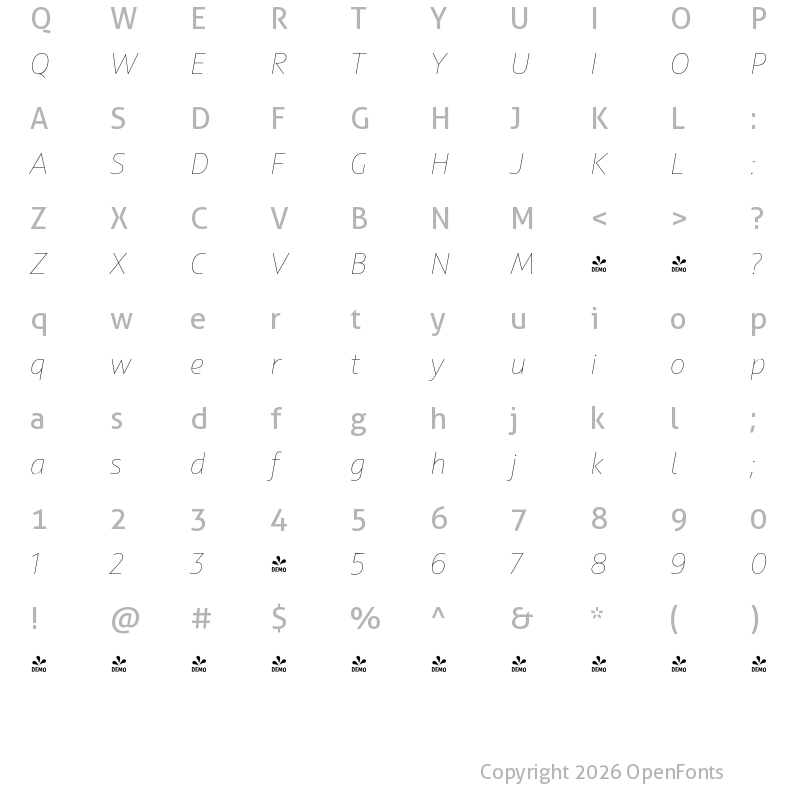 Character Map of FONTSPRING DEMO - Squad Thin Italic