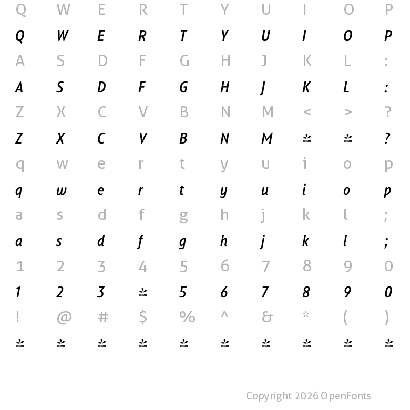 Character Map of FONTSPRING DEMO - Squalo Normal Italic