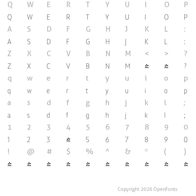 Character Map of FONTSPRING DEMO - Squalo UltraLight Regular