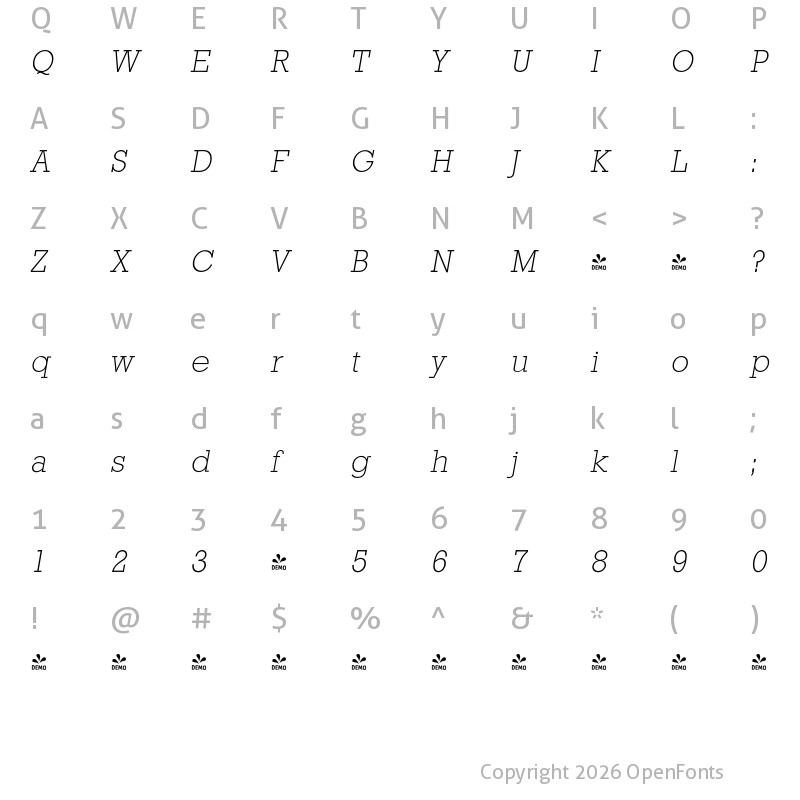 Character Map of FONTSPRING DEMO - Stafford Serial Xlight Italic