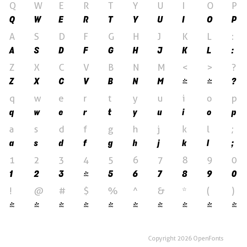 Character Map of FONTSPRING DEMO - Stapel Narrow Bold Italic
