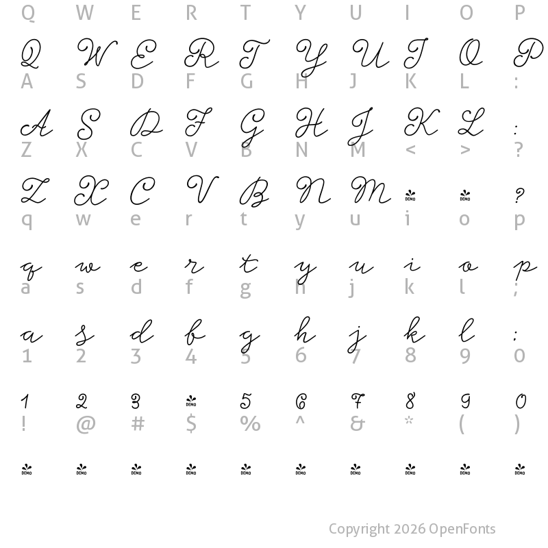 Character Map of FONTSPRING DEMO - Storyteller Script Bold Casual Regular