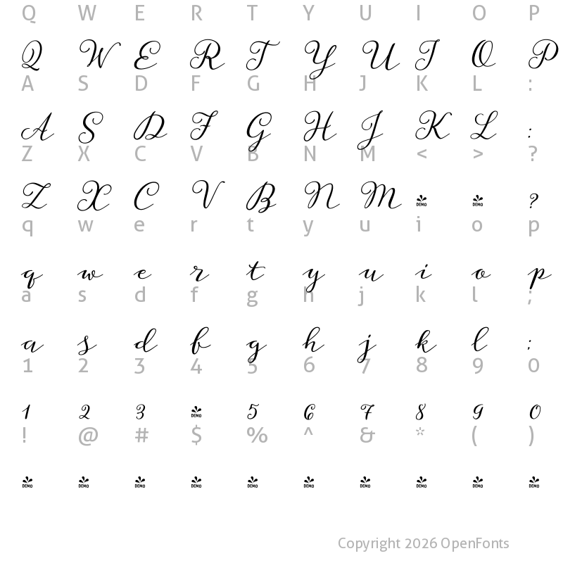 Character Map of FONTSPRING DEMO - Storyteller Script Casual Regular