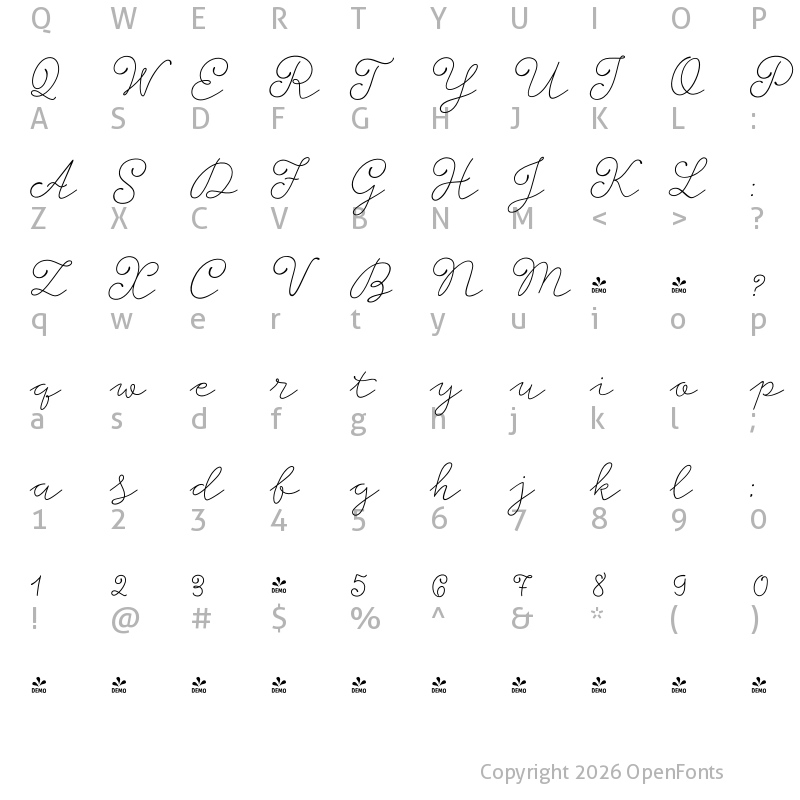 Character Map of FONTSPRING DEMO - Storyteller Script Light Casual Regular
