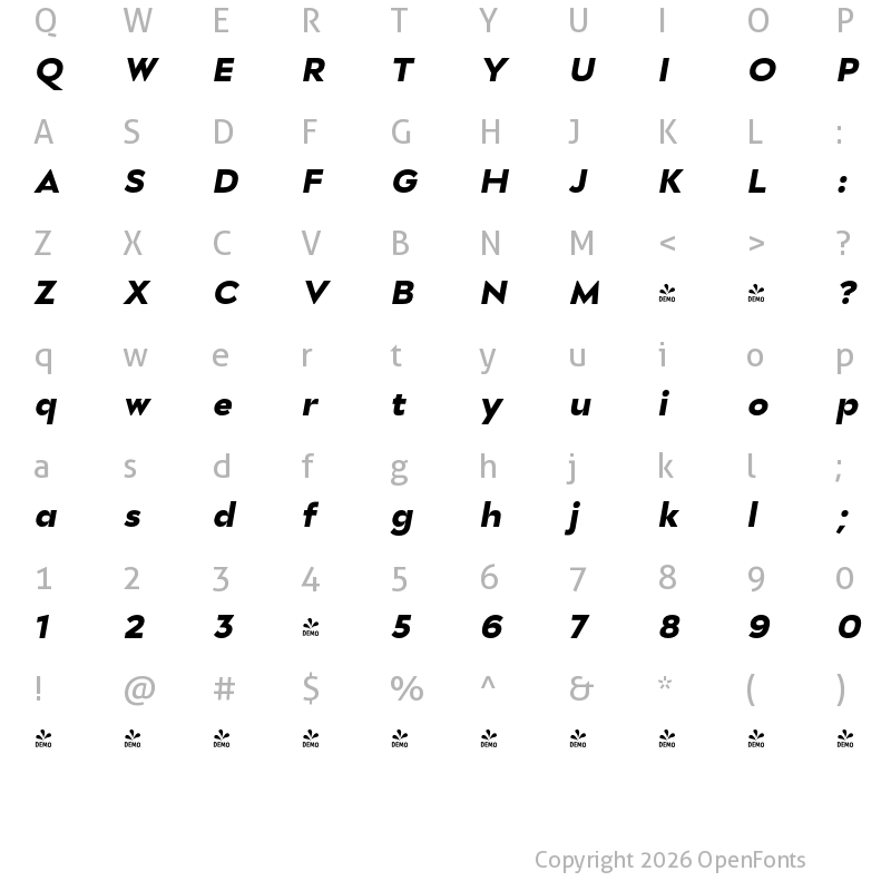 Character Map of FONTSPRING DEMO - Stray Black Italic Regular