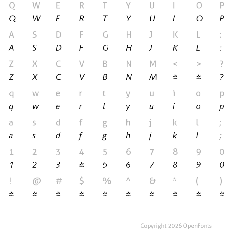 Character Map of FONTSPRING DEMO - Struktur Pro Italic