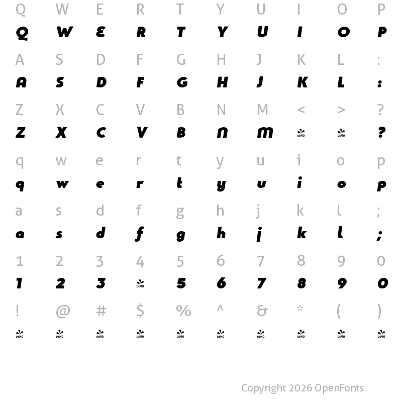 Character Map of FONTSPRING DEMO - Studio Gothic Fat Italic