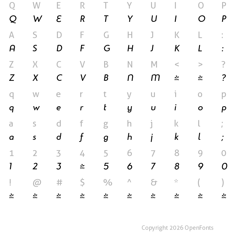 Character Map of FONTSPRING DEMO - Studio Gothic Italic