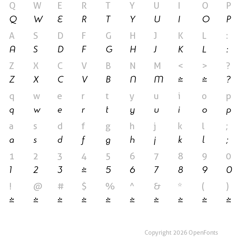 Character Map of FONTSPRING DEMO - Studio Gothic Light Italic