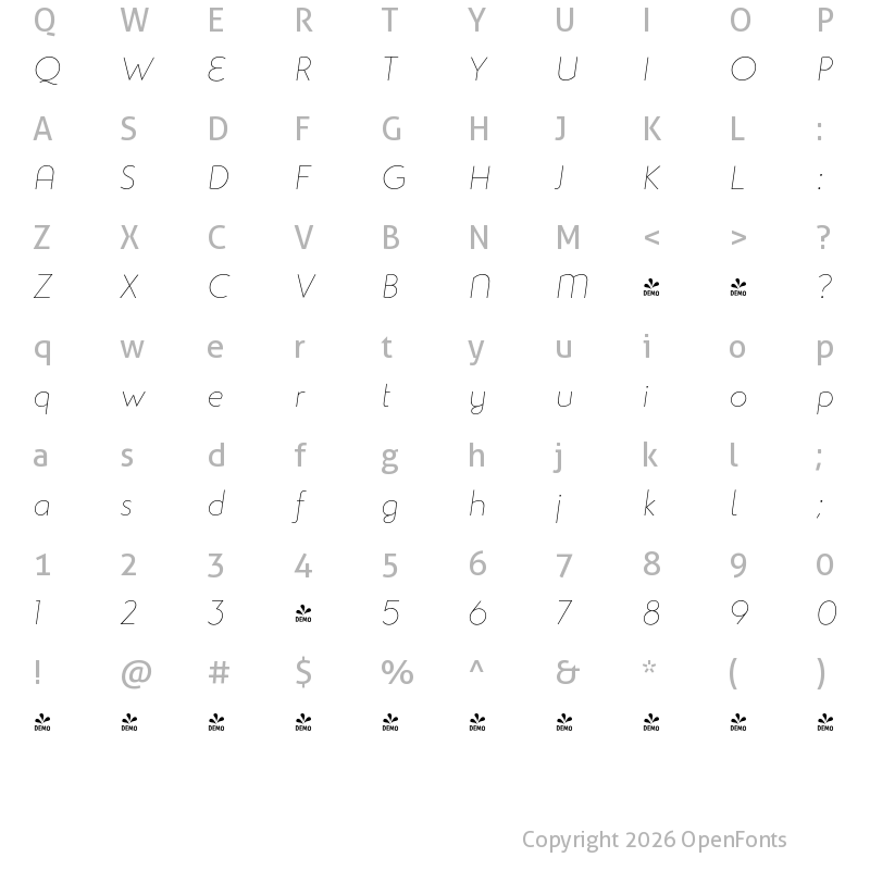 Character Map of FONTSPRING DEMO - Studio Gothic Thin Italic