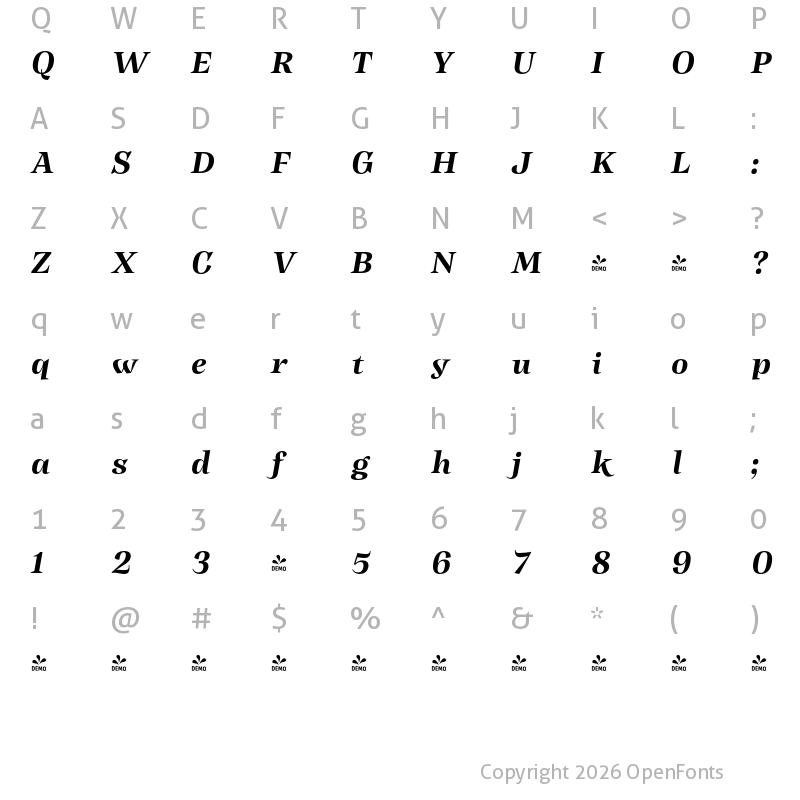 Character Map of FONTSPRING DEMO - Subhead Bold It Bold Italic