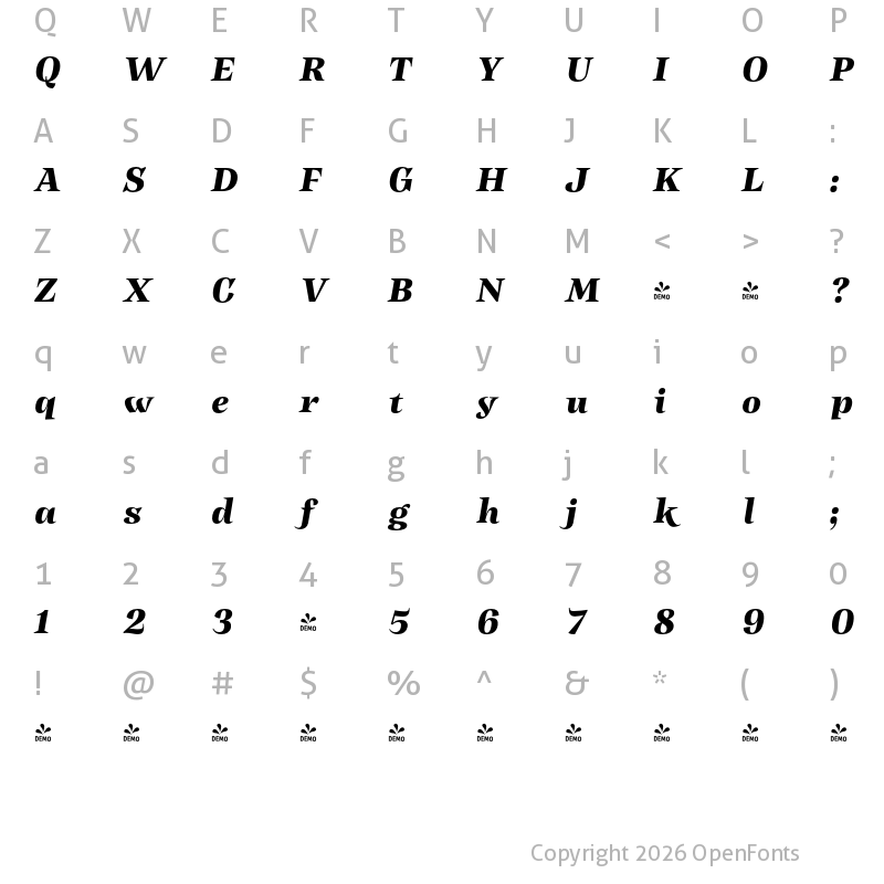 Character Map of FONTSPRING DEMO - Subhead Heavy It Italic