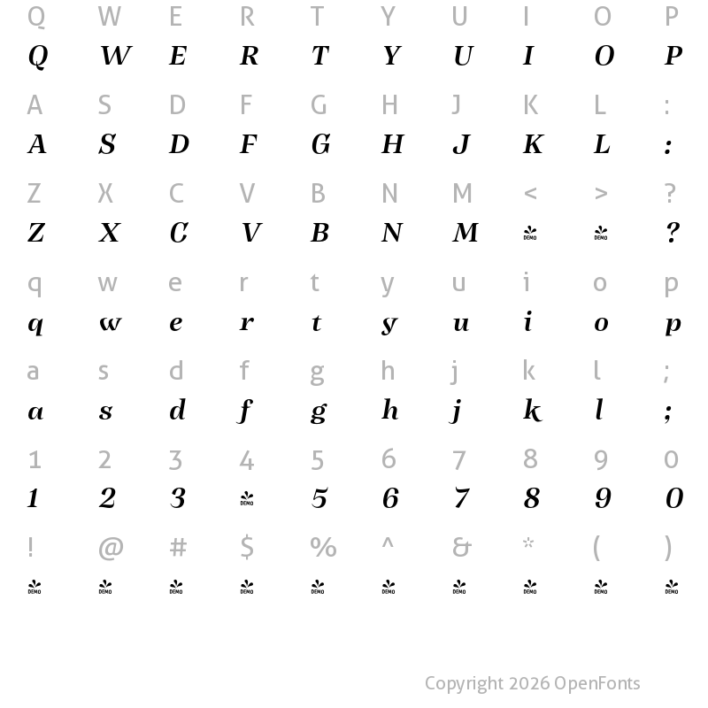 Character Map of FONTSPRING DEMO - Subhead Semi Bold It Italic