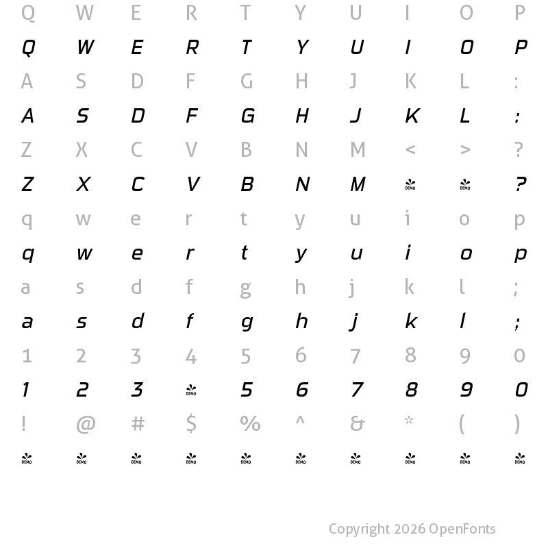 Character Map of FONTSPRING DEMO - Sui Generis Cd Bk Italic