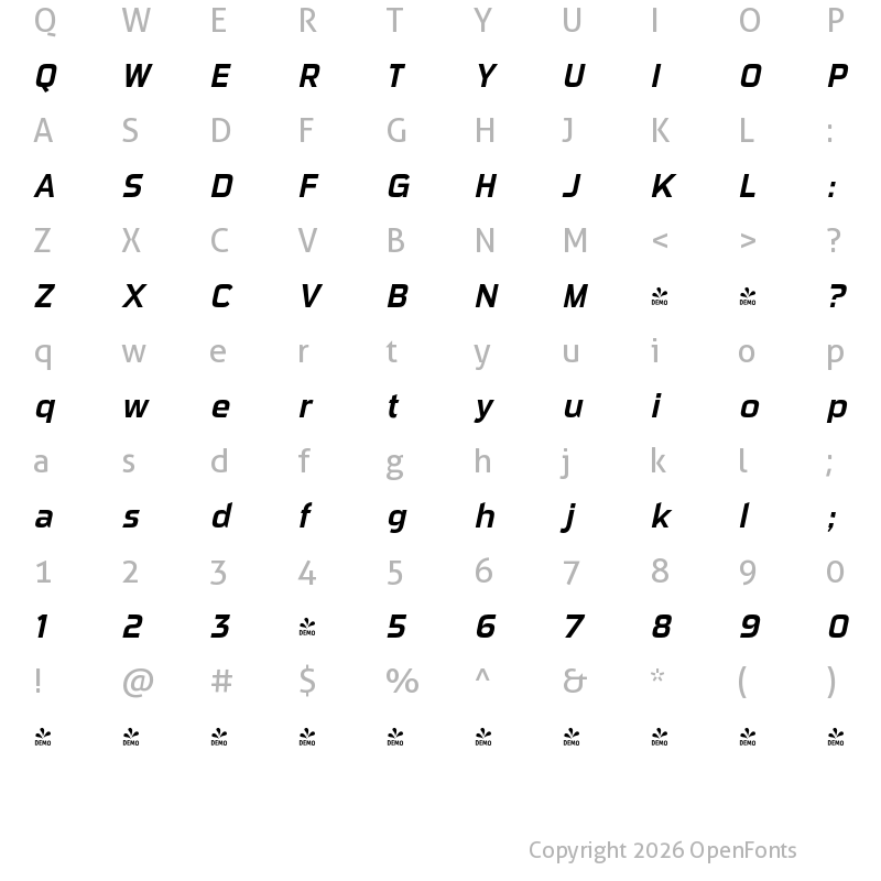 Character Map of FONTSPRING DEMO - Sui Generis Cd Rg Italic