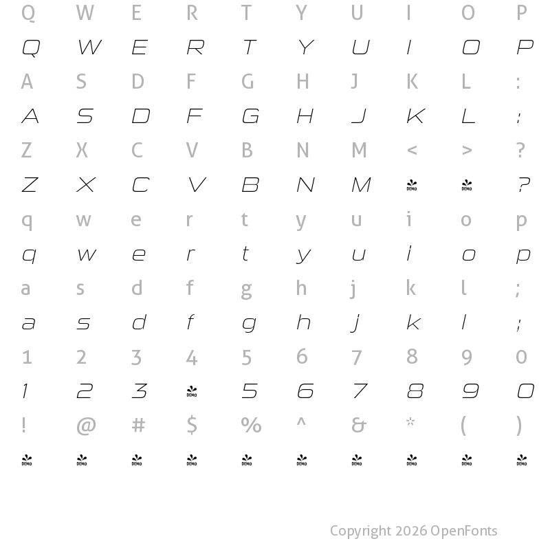 Character Map of FONTSPRING DEMO - Sui Generis El Italic