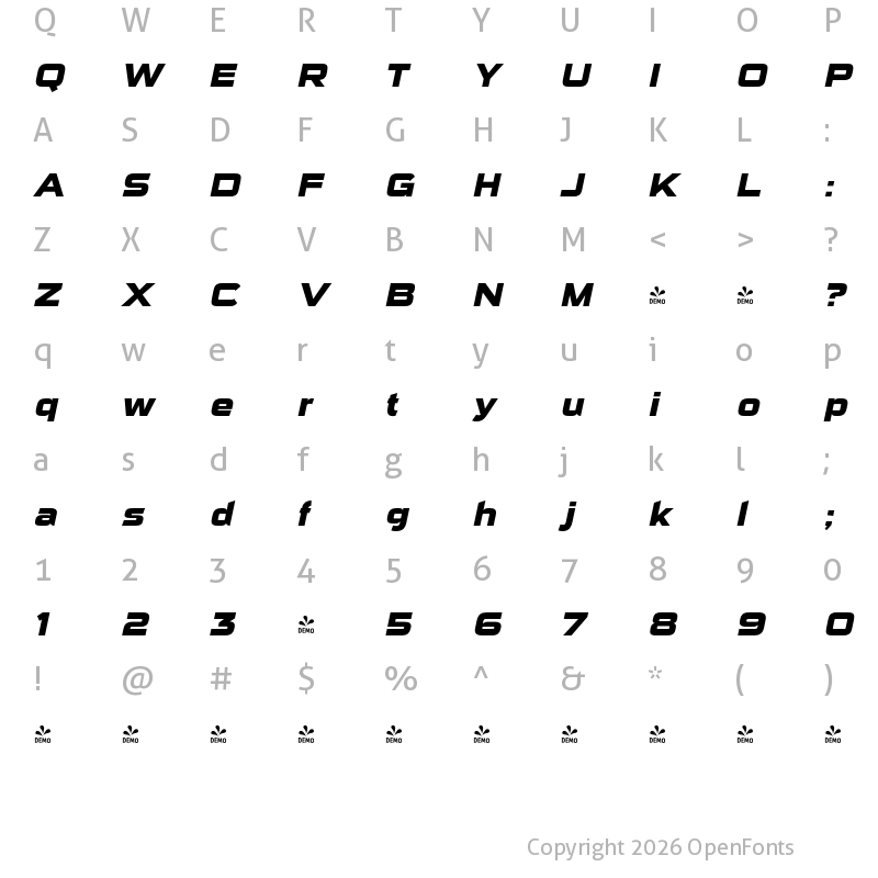 Character Map of FONTSPRING DEMO - Sui Generis Hv Italic