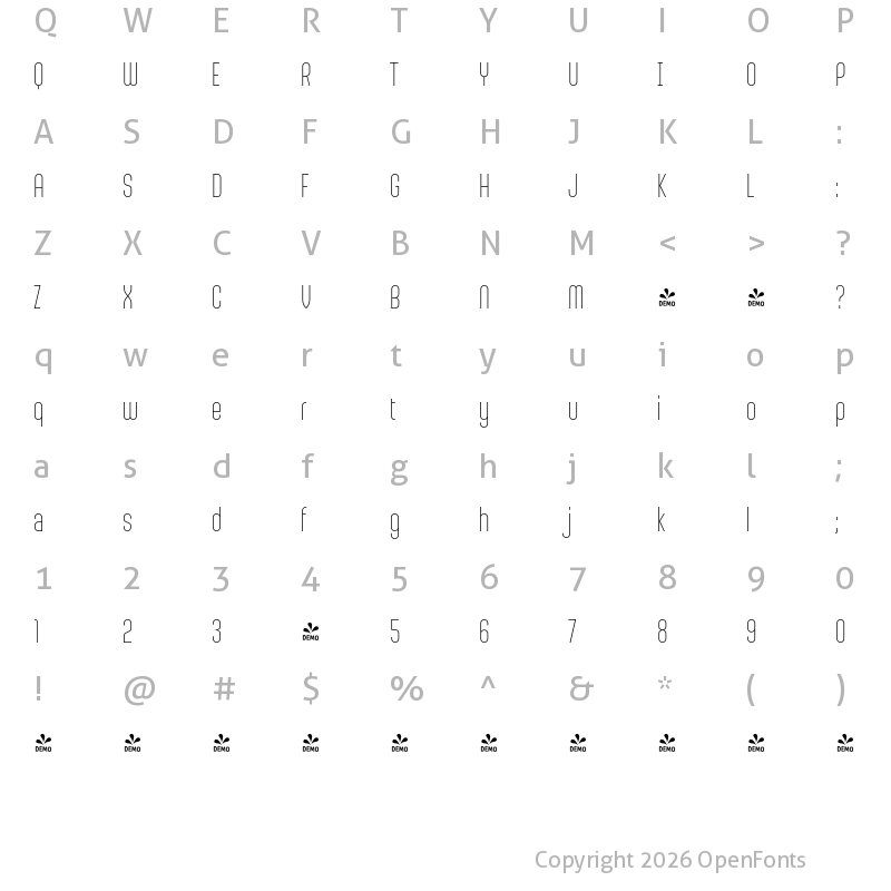 Character Map of FONTSPRING DEMO - Sunblock Pro Thin Regular