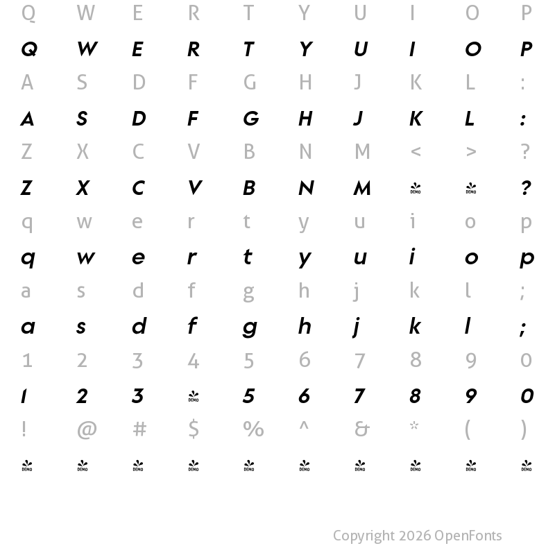 Character Map of FONTSPRING DEMO - Supera Gothic ExtraBold Italic