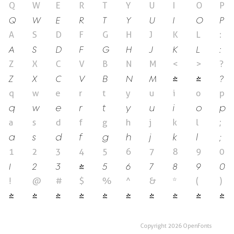 Character Map of FONTSPRING DEMO - Supera Gothic Light Italic