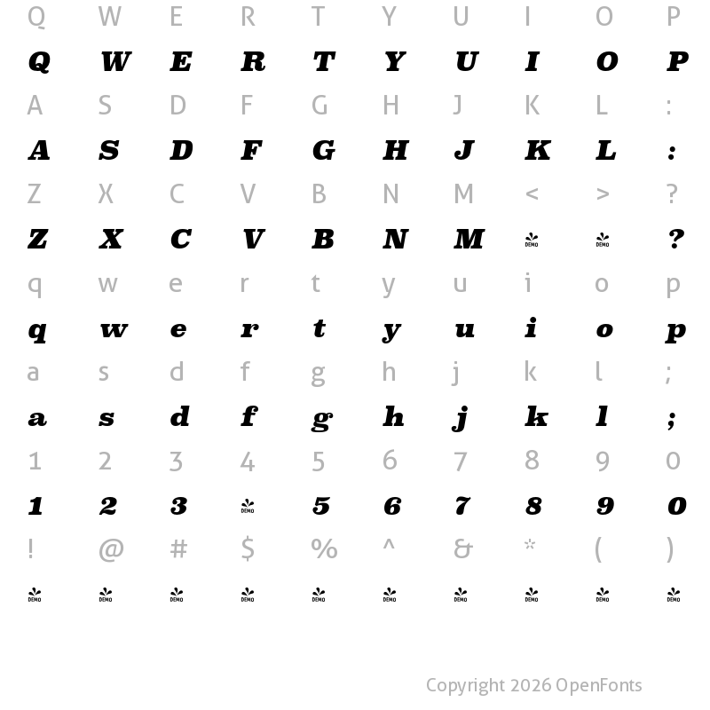 Character Map of FONTSPRING DEMO - Superclarendon Bl Italic