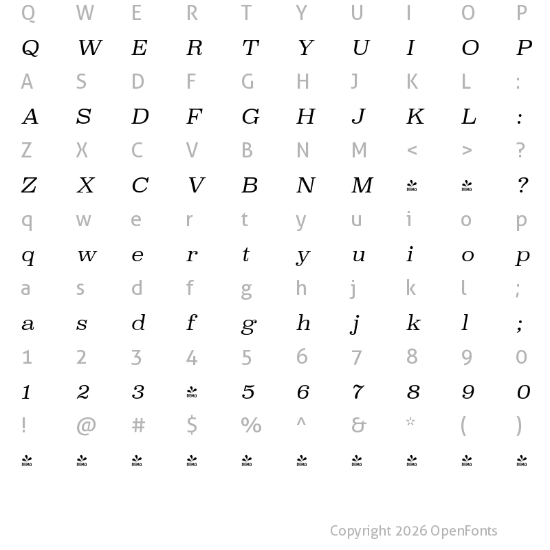 Character Map of FONTSPRING DEMO - Superclarendon Lt Italic