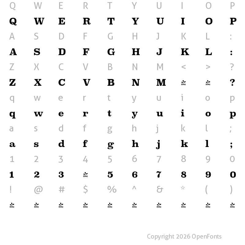 Character Map of FONTSPRING DEMO - Superclarendon Rg Bold