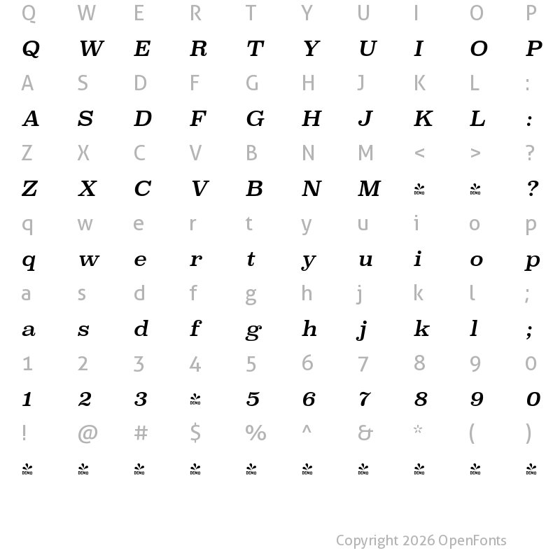 Character Map of FONTSPRING DEMO - Superclarendon Rg Italic