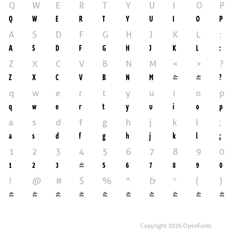 Character Map of FONTSPRING DEMO - Supra-DemiboldCompressed Regular