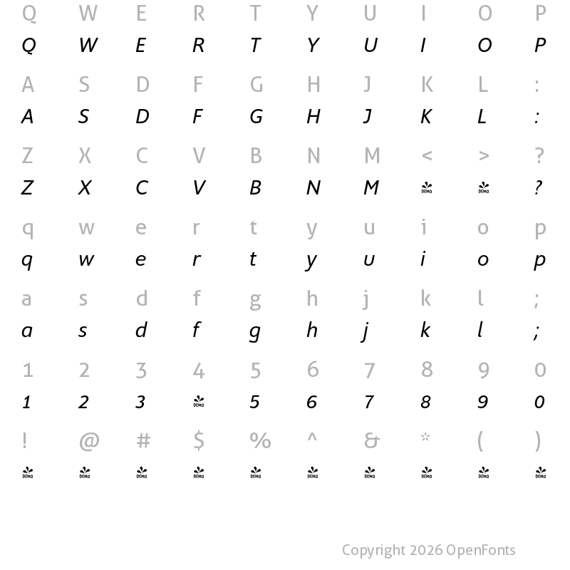 Character Map of FONTSPRING DEMO - Supra-NormalRoundedItalic NormalRoundedItalic