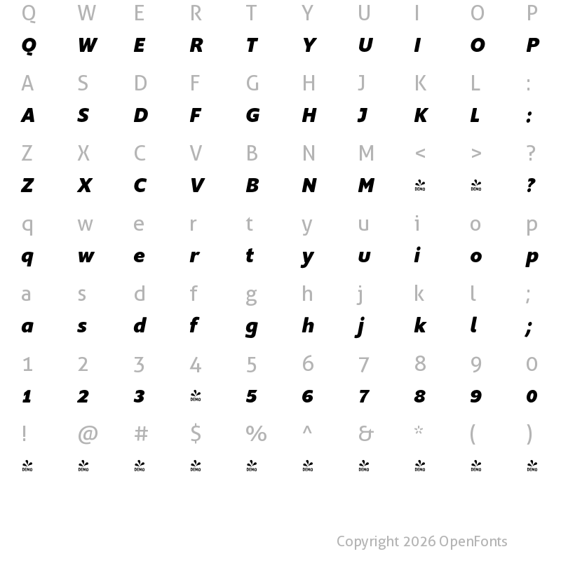 Character Map of FONTSPRING DEMO - Supra-XBoldRoundedItalic XBoldRoundedItalic