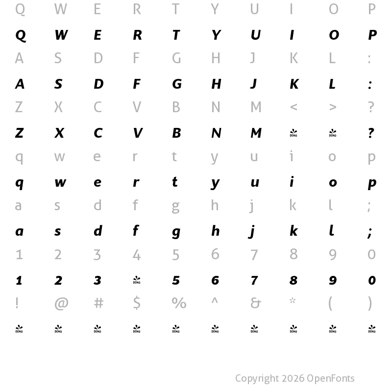 Character Map of FONTSPRING DEMO - SupraClassic-BoldItalic BoldItalic