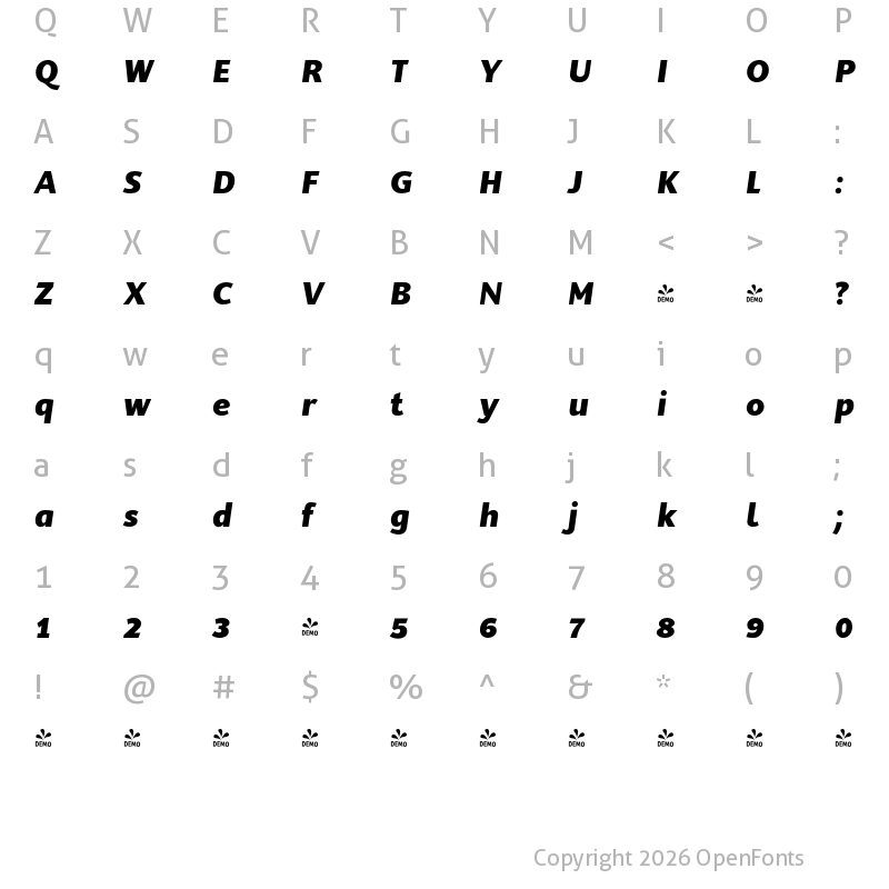 Character Map of FONTSPRING DEMO - SupraClassic-XBoldItalic Regular