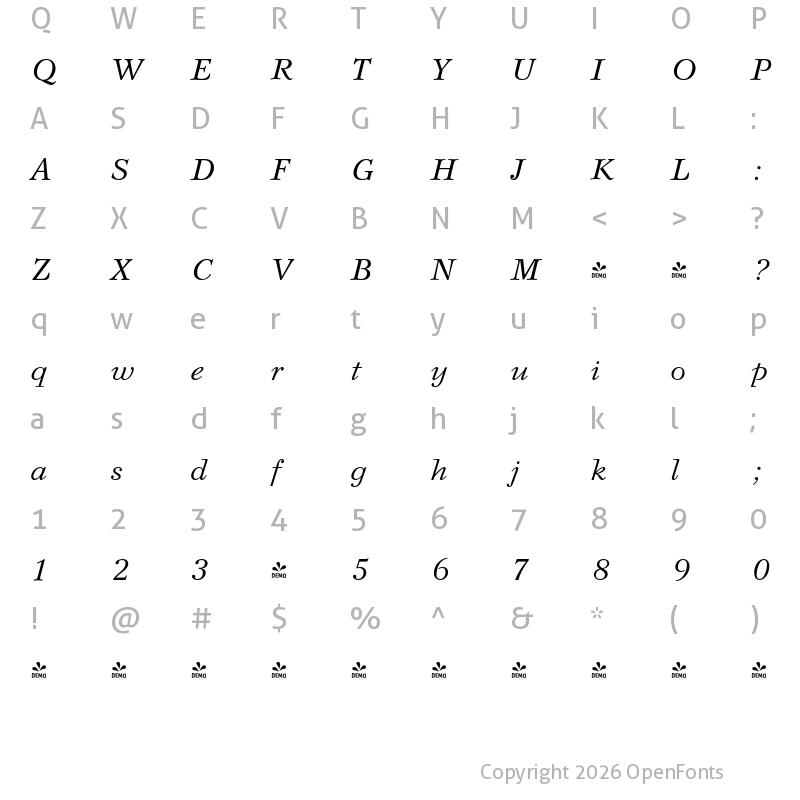 Character Map of FONTSPRING DEMO - Svetlana Italic