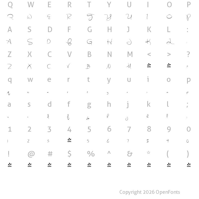 Character Map of FONTSPRING DEMO - Sweetly Broken Regular