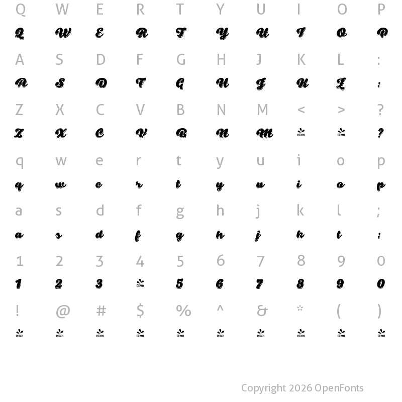 Character Map of FONTSPRING DEMO - Swiftel Shadow Shadow