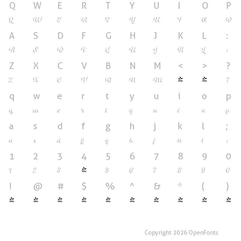Character Map of FONTSPRING DEMO - Swiftel Shine Shine