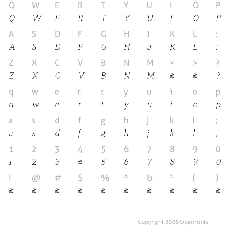 Character Map of FONTSPRING DEMO - Synerga Pro ExLt Italic