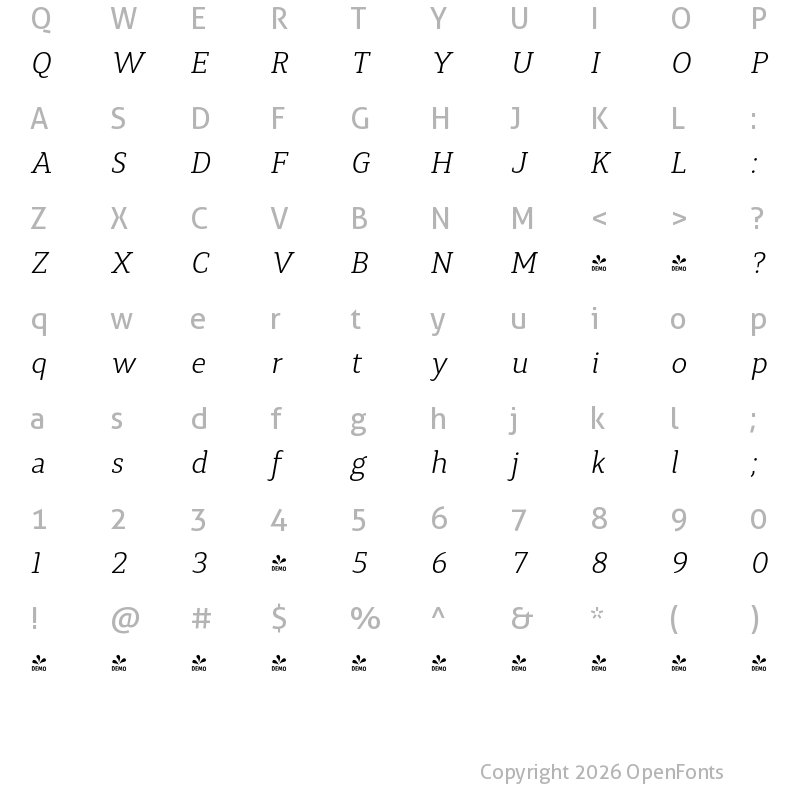 Character Map of FONTSPRING DEMO - Synerga Pro Lt Italic