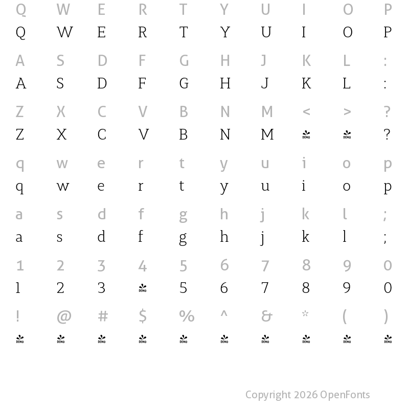 Character Map of FONTSPRING DEMO - Synerga Pro Lt Regular