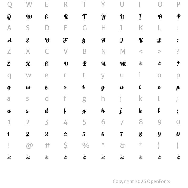 Character Map of FONTSPRING DEMO - Syrup Script Bold Regular