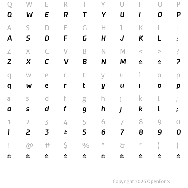 Character Map of FONTSPRING DEMO - Systopie SemiBold Italic