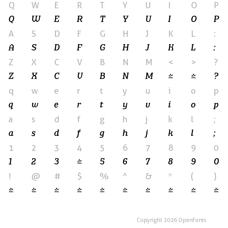 Character Map of FONTSPRING DEMO - TA Shusha Med Italic