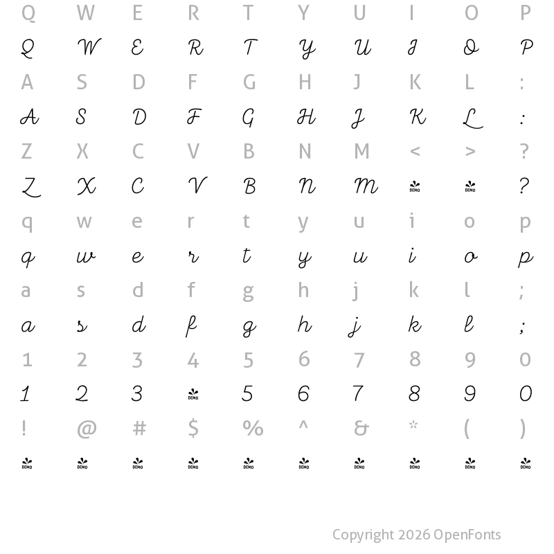 Character Map of FONTSPRING DEMO - Taberna Script Regular
