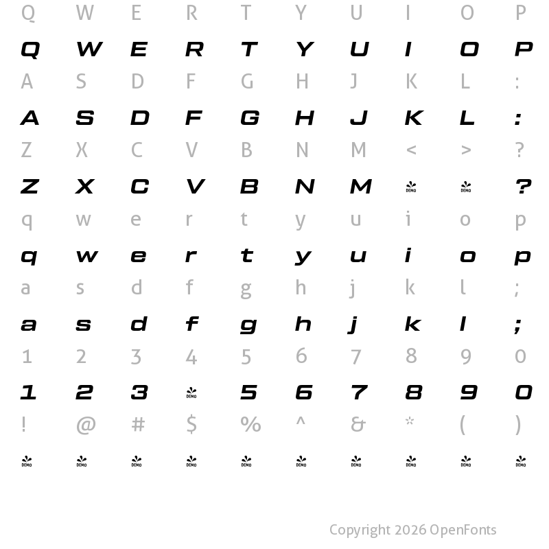 Character Map of FONTSPRING DEMO - Tactic Sans Exd Bld It Regular