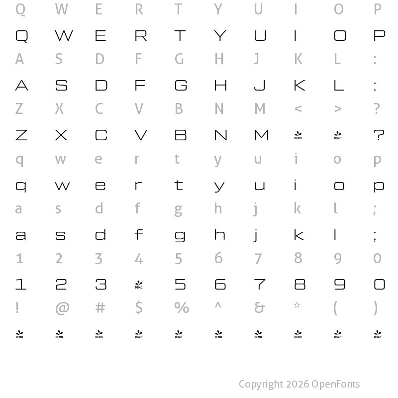 Character Map of FONTSPRING DEMO - Tactic Sans Exd Lgt Regular